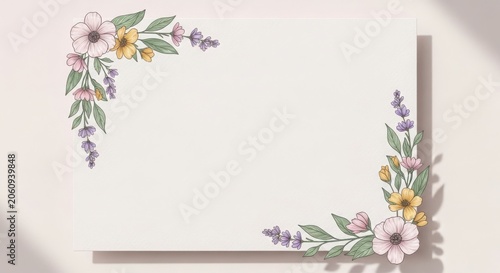Floral frame with handdrawn flowers and lavender branches, elegant botanical border design for wedding invitations, greeting cards, and stationery
