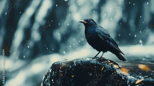 A Blackbird Perched on a Waterfall in a Winter Forest