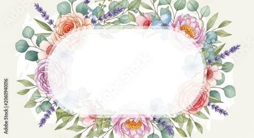 Watercolor floral frame with roses, peonies, lavender and eucalyptus leaves, elegant botanical border for wedding invitation, greeting card or stationery