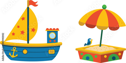 Εκτύπωση καμβά Colorful cartoon sailboat and sandpit with umbrella and bird illustration Vector