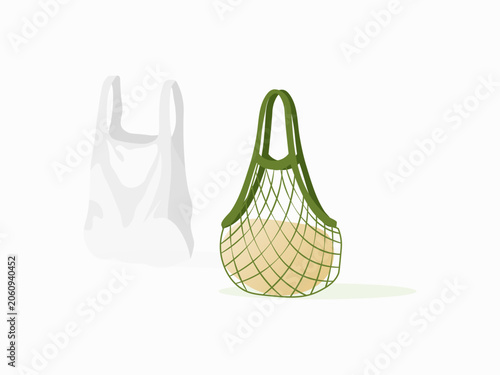 Reusable mesh grocery bag replacing single use plastic shopping bag