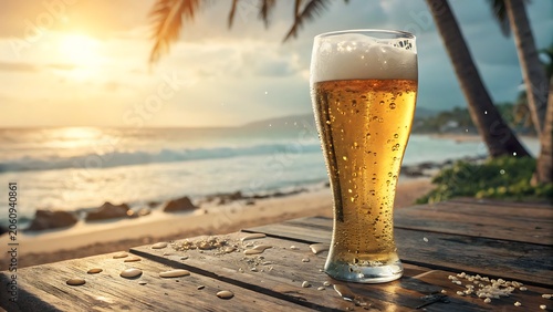 Cold glass of beer with foam and condensation on a wooden table at sunset beach
