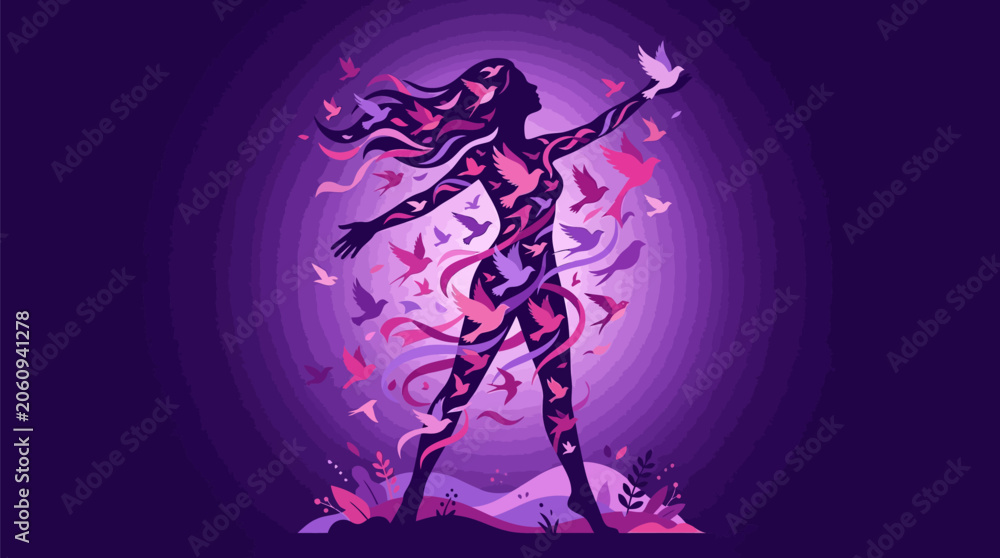 Fototapeta premium Woman with birds flying out of her body in purple hues symbolizing freedom