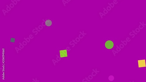 Colorful geometric shapes floating gently in abstract motion against a vibrant purple background with black