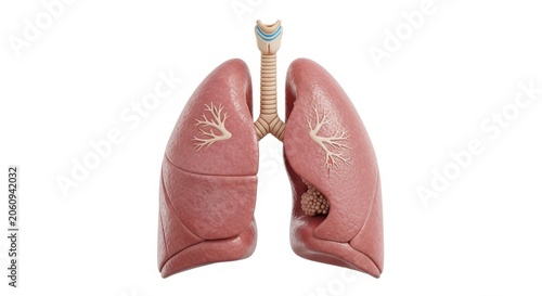 Anatomical Human Lungs Model Showing Cancerous Tumor Growth in Left Lung Isolated on White Background for Medical Education and Healthcare Diagnostics