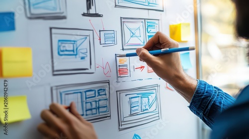 Designer draws wireframe sketches on a whiteboard to plan user interface layouts for a digital application.