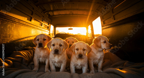 Labrador Retriever puppies sitting in a van at sunset. Five young golden dogs looking forward in a vehicle during golden hour. Animal travel concept, ideal for pet care and adventure marketing.
