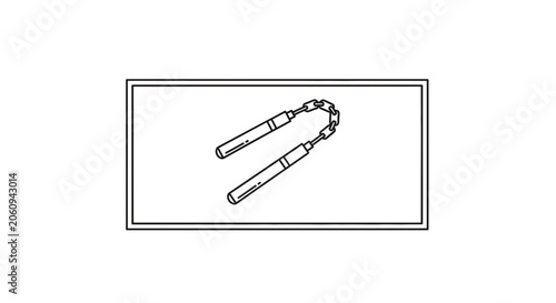 Nunchaku Weapon Icon, Martial Arts Equipment, Black and White Line Art