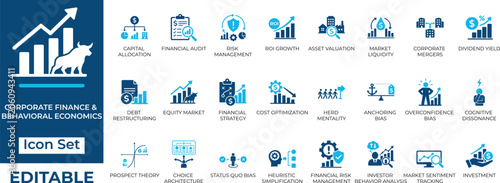 Corporate Finance and Behavioral Economics vector icon set. Editable flat icons for investment, risk management, and market strategy.