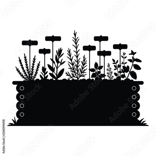Raised Bed Herb Garden with Plant Markers Vector, Silhouette, Illustration
