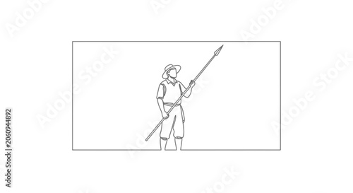 One Line Drawing of a Hunter with Spear, Minimalist, Adventure Concept