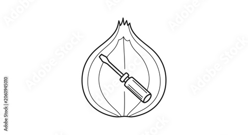 Onion with Screwdriver Icon: Food Preparation, Cooking Tool, Healthy Ingredient