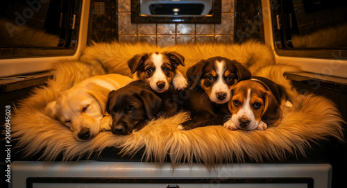 Diverse group of cute puppies resting together on a soft faux fur rug. Young dogs huddled in a luxury vehicle interior with warm lighting. Pet companionship concept for animal care and travel.
