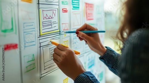 Designer uses colorful markers to draw detailed web application wireframes on a clean office whiteboard during a project planning phase.