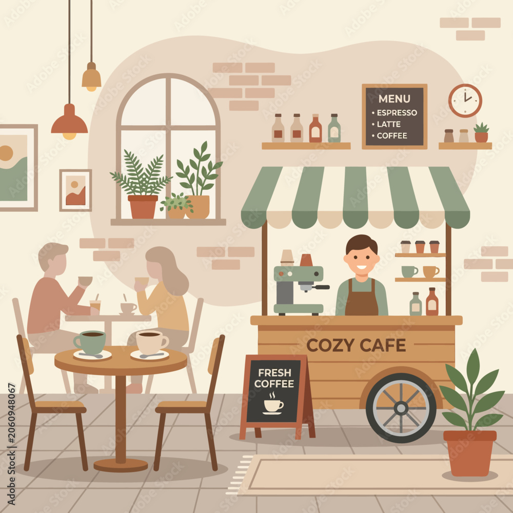 Fototapeta premium Cozy Cafe Scene: People Enjoy Coffee at Tables and Barista Serves from Cart