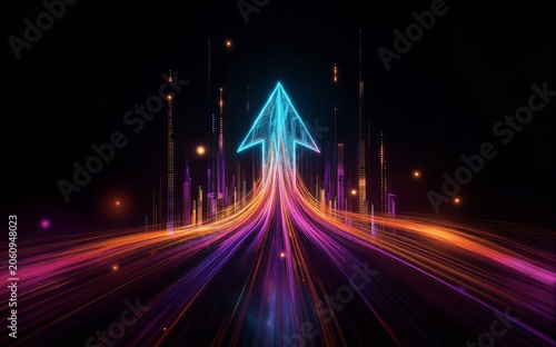 Neon arrow guides vibrant light trails through futuristic cityscape against dark sky.