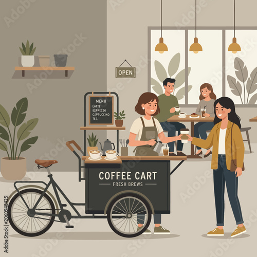 Coffee Cart Mobile Cafe with Customers and Barista