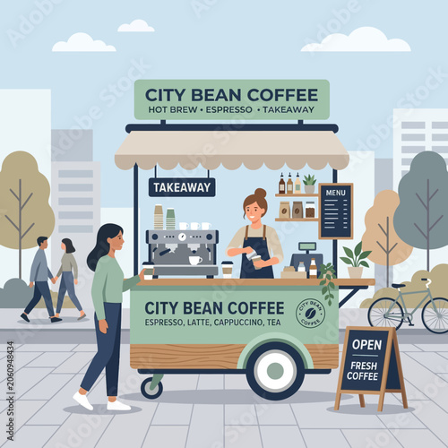 Coffee Cart Business with Barista and Customer in City Street Scene