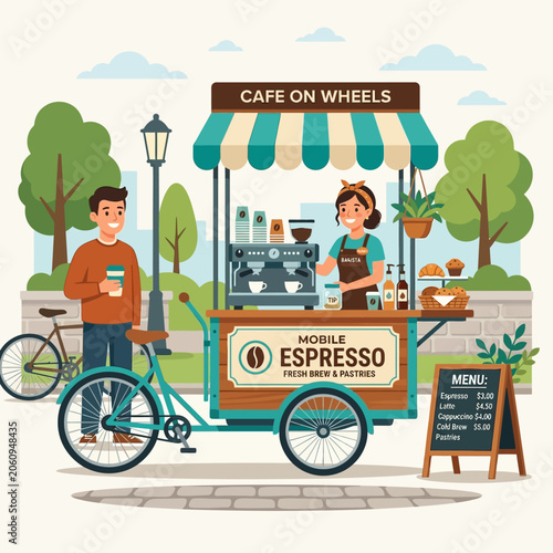 Coffee Cart on Wheels: Man Buys Espresso and Pastries Outdoors