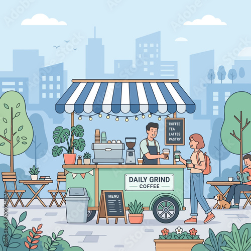 Coffee cart scene with customers enjoying drinks and city skyline background.