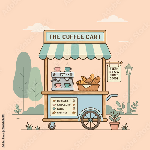 Coffee Cart Outdoors with Baked Goods, Espresso Machine, Park Setting