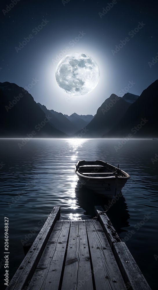 Fototapeta premium Moonlit lake scene with small boat.