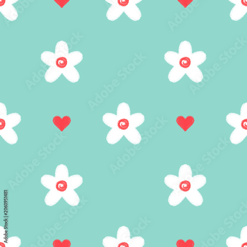 Seamless Pattern with White Flowers and Red Hearts on a Teal Background