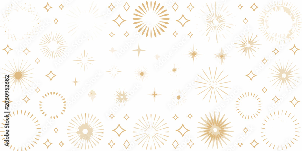 Obraz premium Golden starburst pattern with scattered sparkles on a plain white background decorative design sparkle