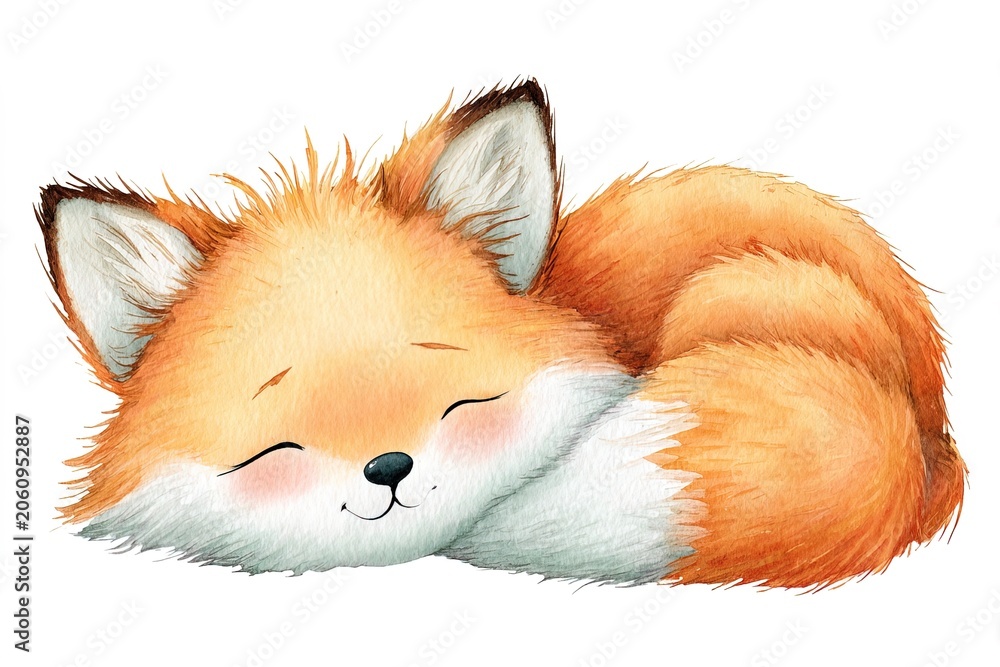 Fototapeta premium Soft watercolor artwork featuring gentle fox resting in calm position on minimal white background. Ideal for stationery, posters, kids illustrations, cozy seasonal design projects