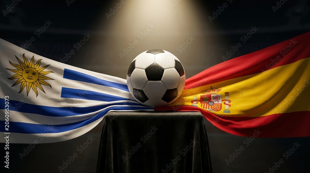 Fototapeta premium Soccer ball between the flags of uruguay and spain on a podium