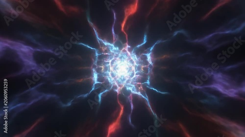 An energetic abstract animation featuring a central glowing core emitting dynamic, colorful plasma waves and lightning-like energy streaks