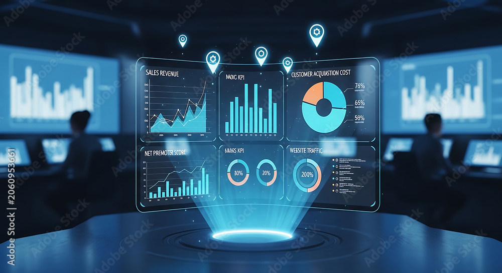 Fototapeta premium A futuristic control room displays various graphs and charts on a large screen with two people analyzing data in the background.