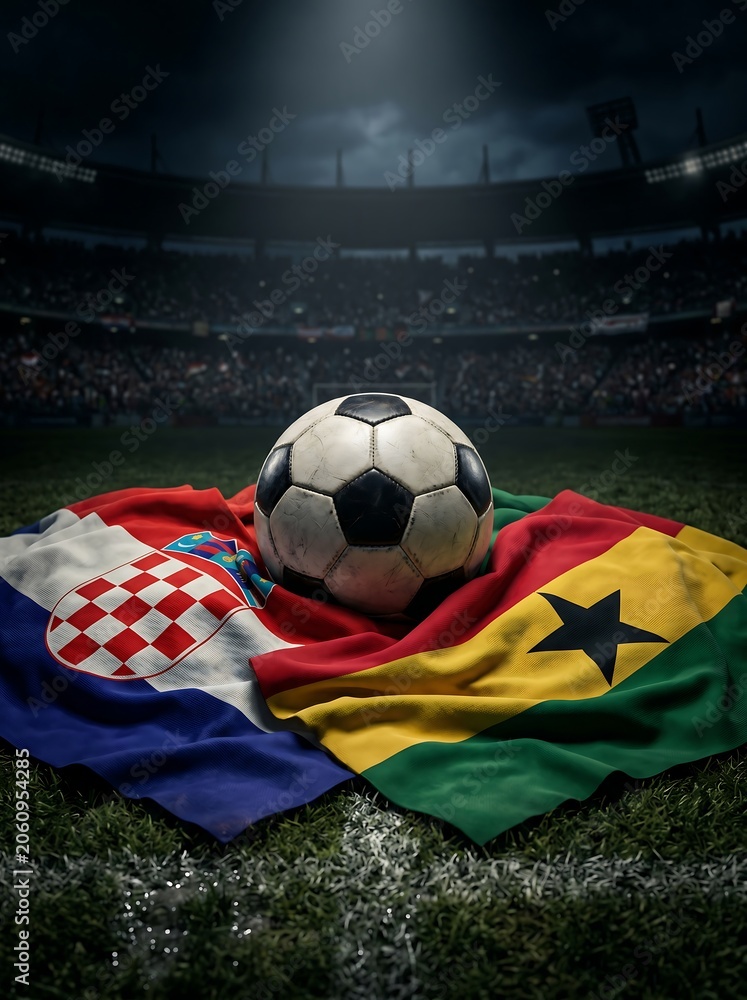 Fototapeta premium Soccer ball resting on the flags of croatia and ghana in a stadium