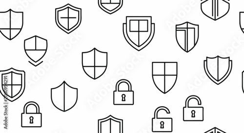 Seamless pattern of minimalist black outline shield and padlock icons, symbolizing digital security, data protection, online privacy, and cybersecurity.