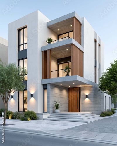 luxury modern three story residence with vertical wooden louvers, expansive balconies, minimalist tropical architecture, premium urban living and realistic architectural visualization