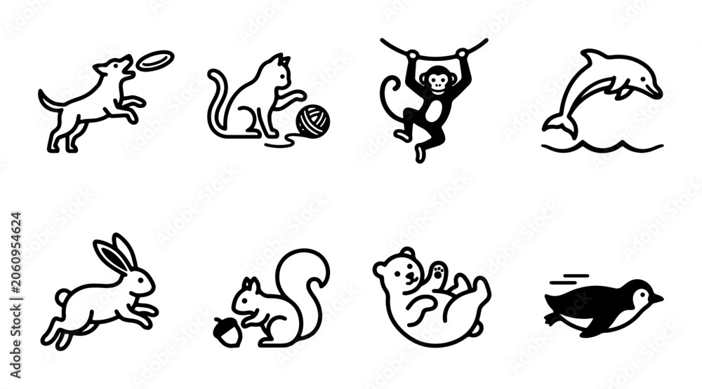 Obraz premium Playful Animal Icons Set: Dog, Cat, Monkey, Dolphin, Rabbit, Squirrel, Bear, Penguin Vector Graphics