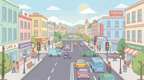 Charming Townscape: Lively Street Scene with Cars, Shops, and Pedestrians