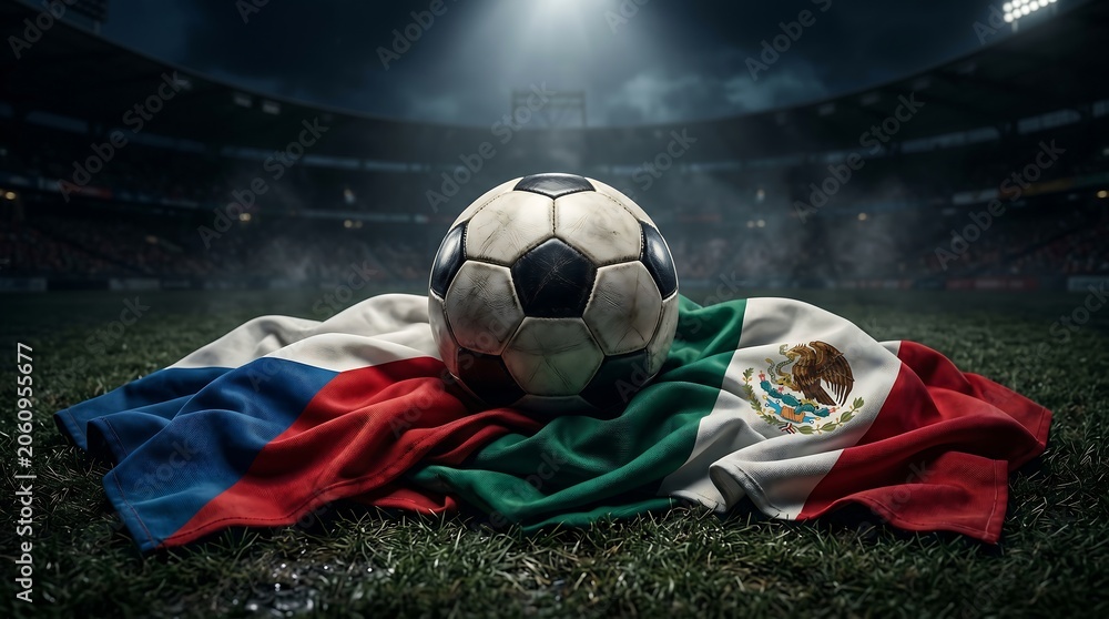 Naklejka premium Soccer ball resting on flags of czech republic and mexico on stadium field