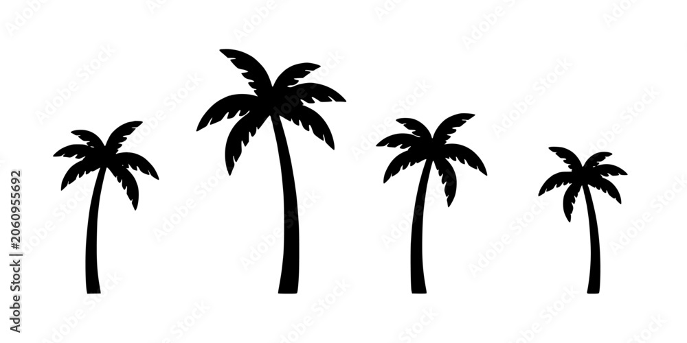 Fototapeta premium Palm Trees in Different Sizes and Styles on a White Background Featuring Tropical, Silhouette, Black with Nature and Plants Elements for Beach