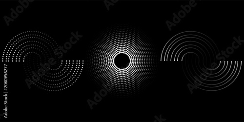 Halftone dotted speed lines. Abstract geometric circles with rotating radial lines.