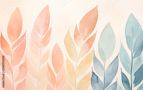 Delicate watercolor leaves in soft pastel hues fill the canvas, showcasing a blend of pink, orange, yellow, and blue tones. The subtle gradient creates a calming and inviting ambiance