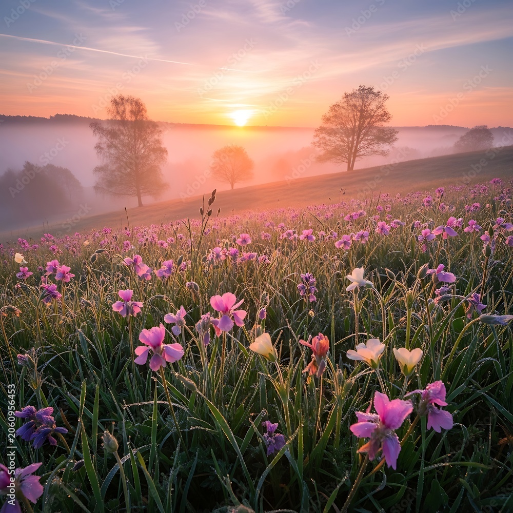 Naklejka premium Stunning Sunrise Over A Meadow Of Pink Wildflowers And Misty Landscape.