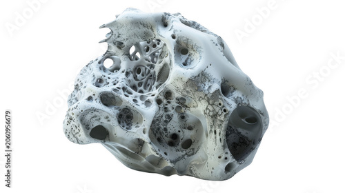 Abstract grey porous rock or meteorite chunk 3D render isolated on a transparent background