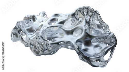 Abstract shiny metallic silver fluid 3D shape with holes isolated on a transparent background