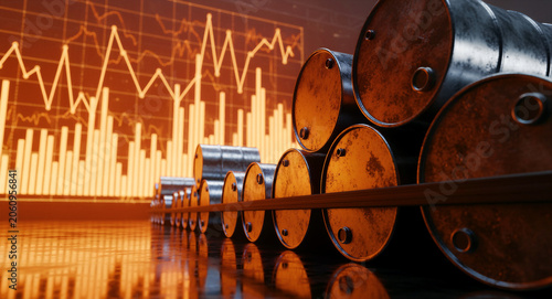 Rusty oil barrels stacked in front of glowing financial market charts. Industrial fuel containers displayed with stock data indicators. Energy trading concept for oil price and economic news.