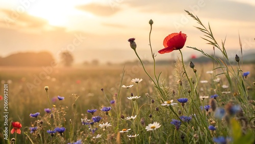 Beautiful wildflower field at sunrise with red poppies and blue cornflowers