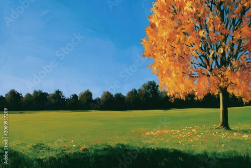 A lone oak tree, ablaze with autumn gold, stands against a vibrant blue sky