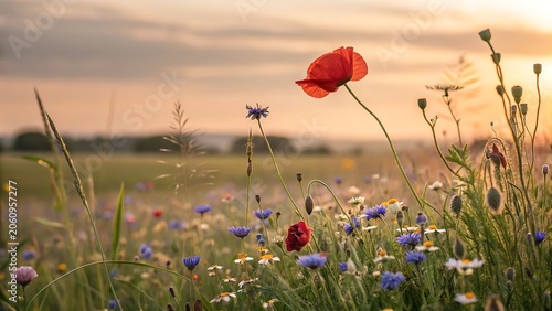 Beautiful wildflower field at sunrise with red poppies and blue cornflowers