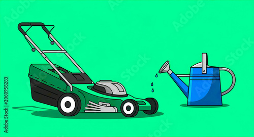 Green lawn mower and blue watering can illustration on green background. Stylized garden equipment shown with water droplets in a cartoon vector. Professional landscaping and yard care concept.