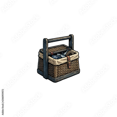 Canvastavla Vintage Rattan Fishing Creel With Sturdy Wooden Handle, Canvas Lining, Brown Lea